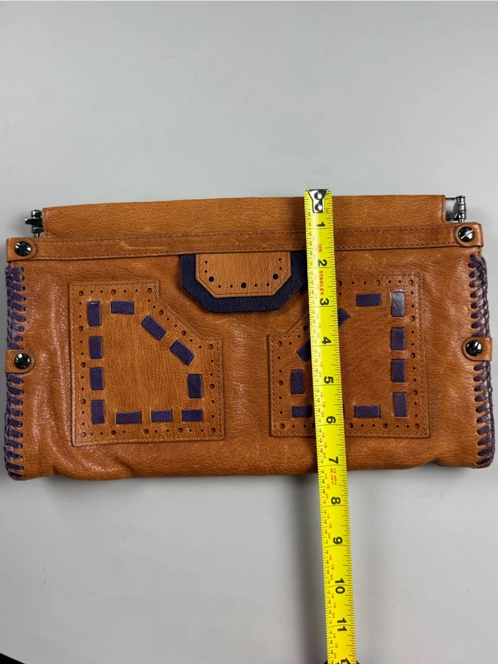 Diane von Furstenberg Leather Clutch Tan Brown Boho Western Patchwork Bag